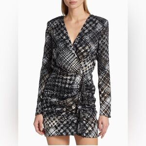 Ramy Brook Myla Mini Dress Black Houndstooth Burnout Multi Ruched Faux Wrap NWT